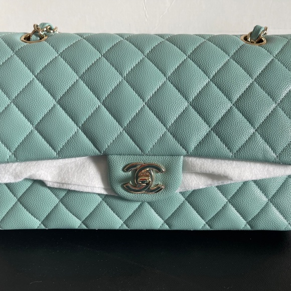 ❌SOLD!!!-❌ NWT! CHANEL Caviar Tiffany Blue Medium ClassicFlap/Champagne Hardware - Picture 7 of 13